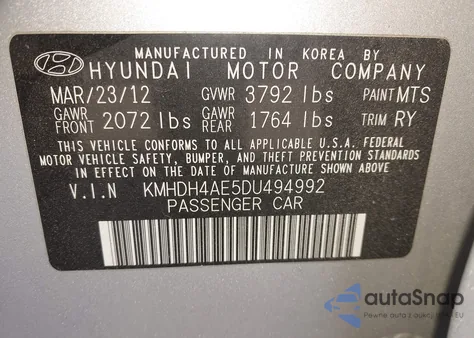2013 Hyundai Elantra Limited from USA, damaged, VIN KMHDH4AE5DU494992